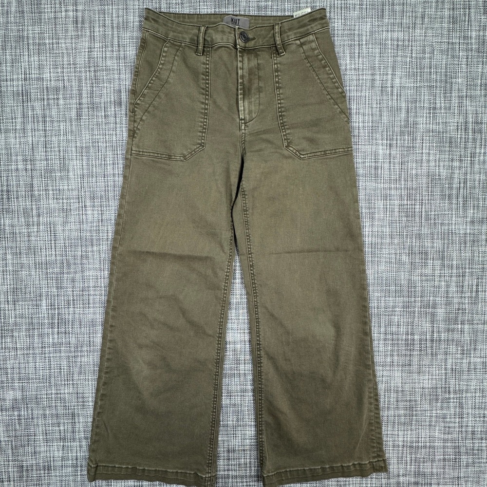KUT From The Kloth Meg Pants Womens 2 Olive High Rise Wide Leg Carpenter Ankle